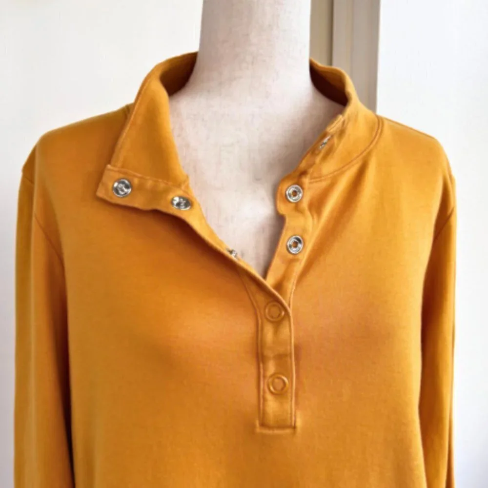 ISAAC MIZRAHI LIVE! Snap Henley Knit Pullover in Mustard Yellow Size L - Picture 3 of 14